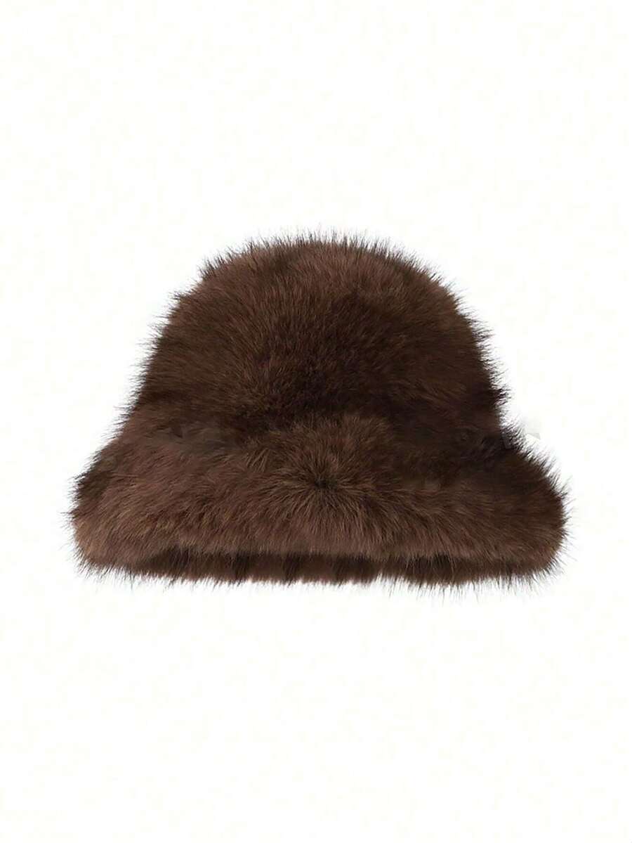 1 pièce Chapeau seau en fausse fourrure de renard, casquette cadeau de haute qualité en fausse fourrure d'hermine épaisse et - Acajou - Voir 1
