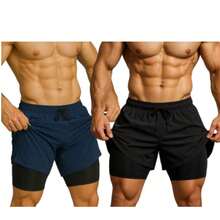 Kit Of 2 Men's 2-In-1 UV Sports Shorts, DryFit, For Gym, Training, Running, Cycling - KIT 2 BLUE aND BLACK - View 1
