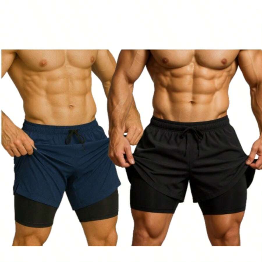 Kit Of 2 Men's 2-In-1 UV Sports Shorts, DryFit, For Gym, Training, Running, Cycling - KIT 2 BLUE aND BLACK - View 1