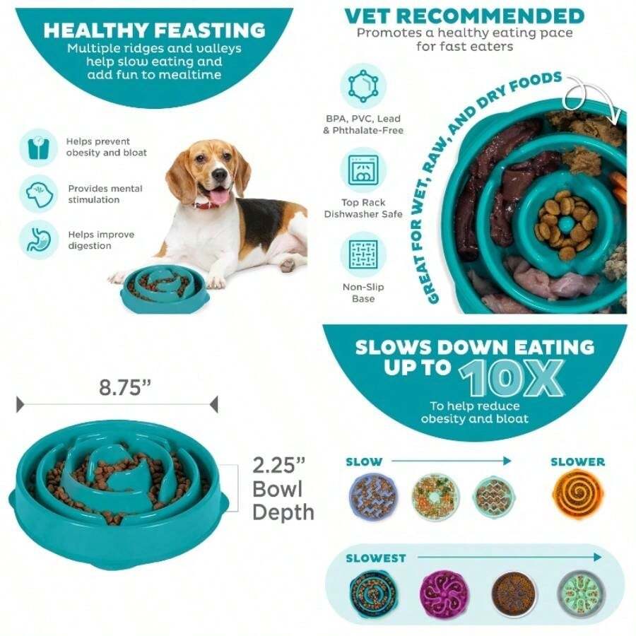 Medium Slow Feeder Bowl, Puzzle Maze Fast Eaters, Small To Medium Dogs, Helps Prevent Bloat Aid Digestion, Holds 2 Cups Wet Or Dry Food, Non - Slip, Made Without BPA, Turquoise - Màu ngọc lam + Trung bình - Xem 1
