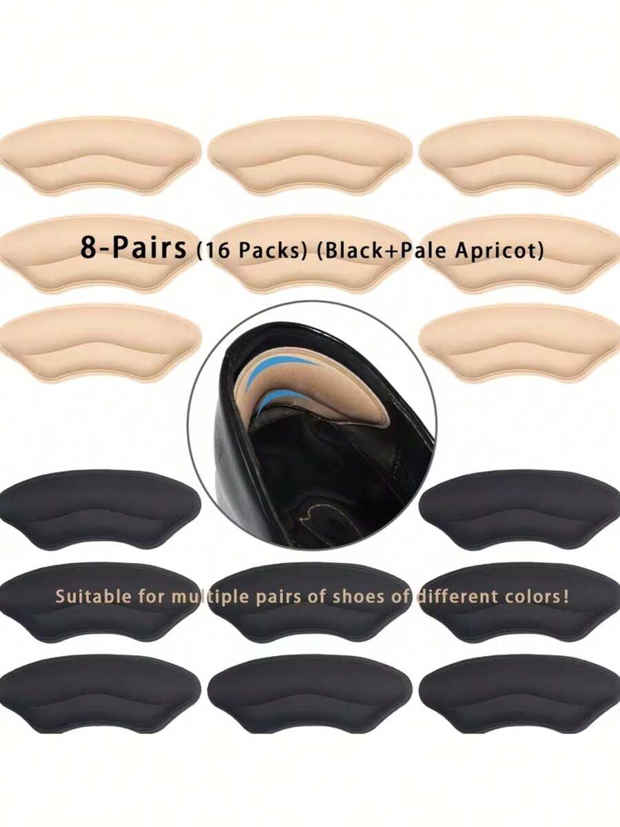 8双装弹性鞋跟垫，适用于宽松鞋款，提升鞋子贴合度和舒适度（16片装）（黑色+浅杏色），女士鞋跟保护垫，防滑鞋垫，硅胶鞋跟贴，高跟鞋垫，柔软内衬，无缝贴合，减震，防滑材质，鞋跟稳定器，适用于办公鞋、男鞋