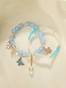 2Pcs/Set Fashionable Diamond-Encrusted Butterfly Four-Leaf Clover Pendant Bracelet, Cartoon Sweet Princess Layered Jewelry Set - one-size - View 9