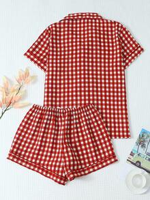 Bộ đồ ngủ họa tiết kẻ caro 2 món cho nữ, áo ngắn tay cổ cài nút và quần short, đồ ngủ thường ngày cho mùa hè - Màu Đỏ Sâu - Xem 2