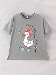 女童短袖T恤，印有卡通鸭子图案，适合春夏穿着，展现女孩的青春活力，可爱而不失个性。 - 灰色 - 查看 2