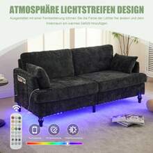Modern 2-Seater Chenille-Sofa With Wood, LED-Light, USB-Ladeanschluss And Aufbewahrungstasche Wohnzimmer-Schlafzimmer-Arbeitszimmer - Black - View 3