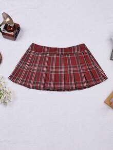 女士夏季Y2K学院风全格纹印花低腰褶裥A字JK制服校服美感格纹迷你裙 - 金絲棗紅 - 查看 5