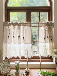 1件,波西米亚乡村风纯色短窗帘,木珠蝴蝶结绳饰拼接白色刺绣蕾丝,适用于小窗户、厨房窗户、咖啡厅半窗帘。 - 米色 - 查看 5