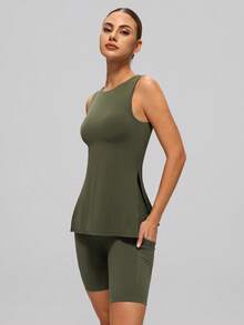MASKERT Bộ đồ thể thao nữ 2 mảnh: Áo không tay cổ tròn (xẻ tà bên) + Quần short ôm sát, thân thiện với da và thoải mái, phù hợp cho tập thể dục và chơi tennis mùa hè. - Màu xanh Ô liu - Xem 8