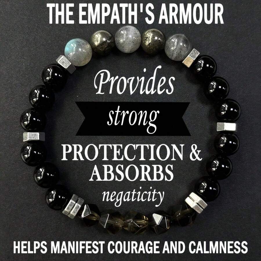 1PC Armor Protection Bracelet/High Quality Labrador, Pyrite, Obsidian, Inlaid Smoked Quartz Handmade Natural Stone Bead Crystal F Bracelet Courage And Confidence Anxiety Bracelet Natural True Crystal Gemstone Jewelry, Father's Day Mother's Day Gift - màu đen - Xem 1