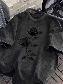 1Pcs,2026,Pure Cotton Washed Loose-Fit T-Shirt,Dark Style Vintage Washed Rose Printed Pure Cotton Oversized Short Sleeve T - Shirt,Halloween,Día De Los Muertos,Home Leisure,,Weekend Outing,Sensitive Skin Group - 黑色 - 查看 1