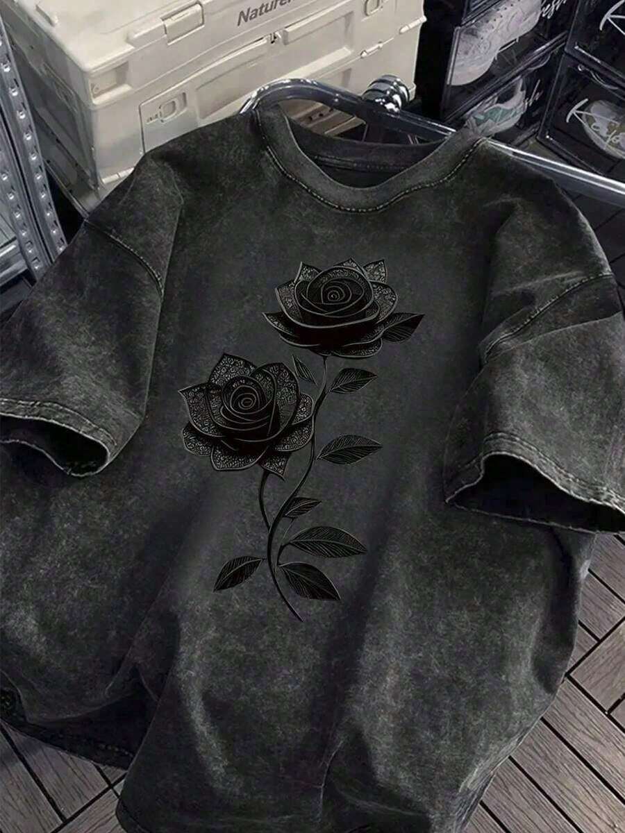 1Pcs,2026,Pure Cotton Washed Loose-Fit T-Shirt,Dark Style Vintage Washed Rose Printed Pure Cotton Oversized Short Sleeve T - Shirt,Halloween,Día De Los Muertos,Home Leisure,,Weekend Outing,Sensitive Skin Group - 黑色 - 查看 1