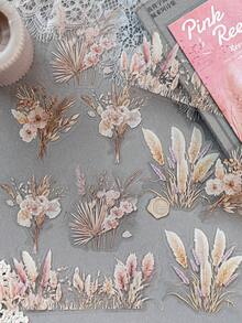 10pcs/Pack (5 Designs, 2 Of Each) Vintage Watercolor Style Dreamy Reeds Landscape Collage Stickers, PET Sticker Pack, Scrapbooking Supplies, Minimalist Floral Plant Decor, Planner DIY, Waterproof Stickers, Stationery Scrapbook Supplies - Multicolor - View 2