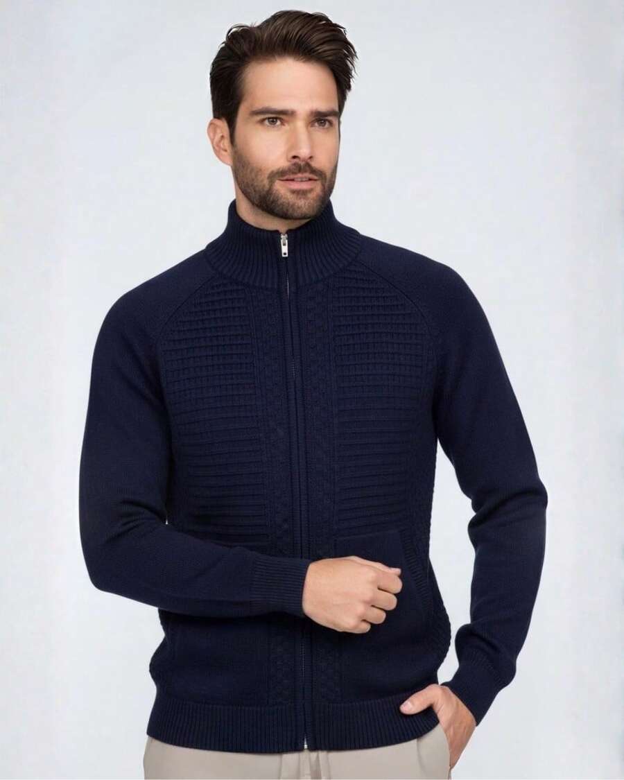 Men's Knit Jacket With Zipper, Men's Coat, Men's Winter Jacket - Marine - View 1