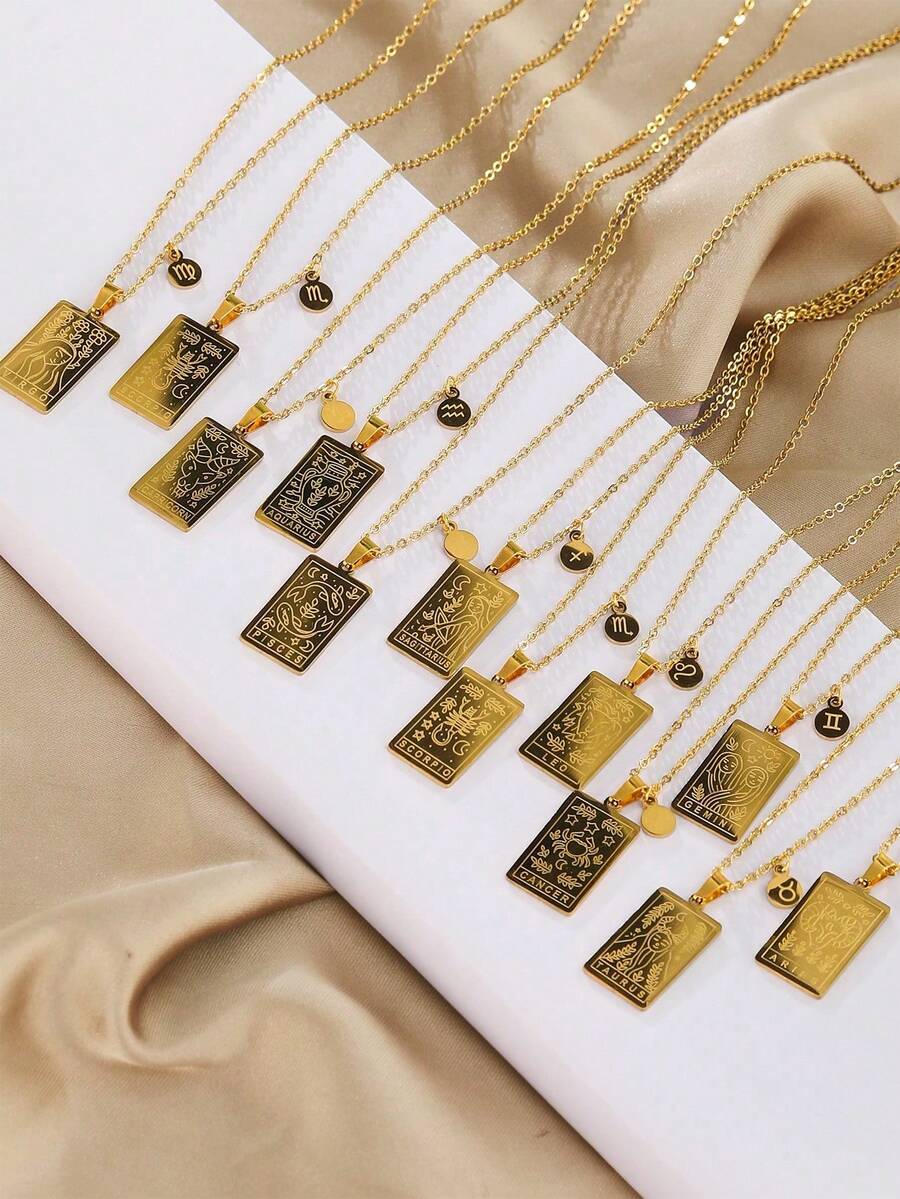 1 pieza Collar de joyería para niños con colgante doble de acero inoxidable con diseño personalizado de los doce signos del zodiaco, accesorio de vestir, regalo de compañía para fiestas - Dorado - Ver 1