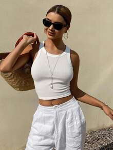 Livesso Women Stylish Summer Slim Fit Basic Sports Tank Top Crop Women Tops - White - View 3