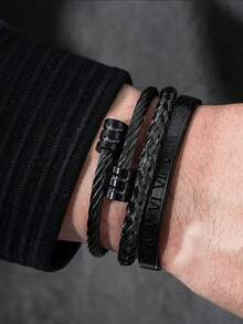 3 peças/Conjunto Pulseira de Aço Inoxidável Trançada com Números Romanos Criativa e da Moda para Homens, Adequada para Uso Diário, Festa, Presente para Namorado - Multicolorido - Visão 6