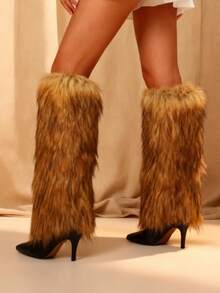 Furry Fluffy Knee High Boots For Women Faux Fur Winter Snow Boots Pointed Toe Stiletto High Heels Sexy Warm Shoes Christmas Party - Light Brown - 查看 4