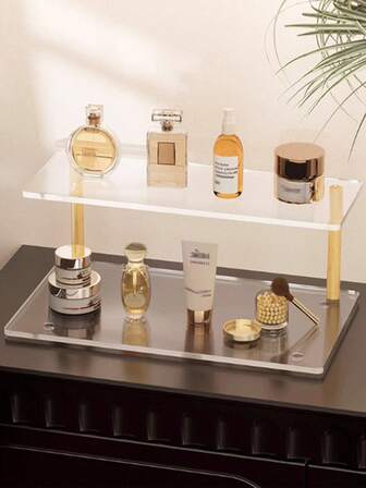 Estantería de almacenamiento de cosméticos de doble nivel, gabinete de exhibición de productos de cuidado de la piel y perfumes. Diseño de gran capacidad para un almacenamiento organizado de perfumes, productos de cuidado de la piel y cosméticos. Estructura de madera negra resistente que complementa cualquier decoración, perfecta para baños, tocadores y talla grande.