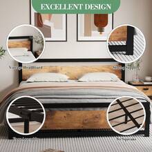 Marco de Cama tamaño, Plataforma Industrial para Cama con cabecero, no Necesita somier, Marco de Cama de colchón fácil de Montar de 14 Pulgadas, Color marrón Retro - Rey - Ver 9