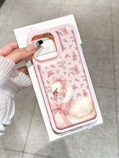 Étui de téléphone texturé avec motif floral de cygne pêche, anti-chute, convenant aux modèles Apple 17/16 Pro Max, 14/13, 16 12, 11 Pro Max, XS Max, X, XR, 8, 7, 14 Plus. Peut être utilisé comme cadeau d'anniversaire, pour la petite amie, le petit ami ou pour soi-même.