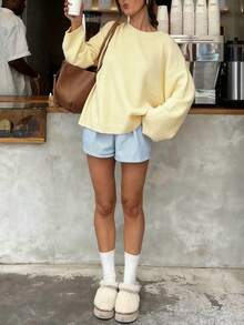 FOR BEAUTY Women's Knit Pullover Sweater, Minimalist Elegant Casual Style, Light Apricot Solid Color Crew Neck Long Sleeve Sweater, Essential For New Year - Light Apricot - View 6