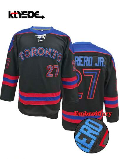 KTYSDE Men's #27 Hockey Jersey, Toronto Letter Embroidery Patchwork Design Hockey Sweatshirt, Loose V-Neck Long Sleeve Pullover Sportswear, Suitable For Autumn/Winter, Daily, Party, Christmas Gift, Team Training, Christmas Present