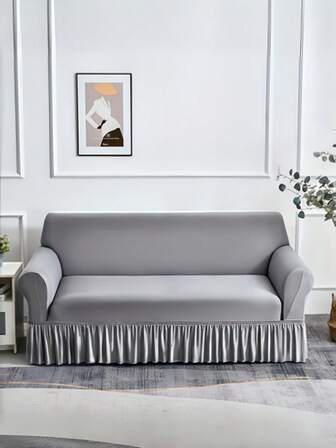 1pc Cream Milk Silk Fabric Vacuum Packed Non-Slip Elastic Decorative Sofa Slipcover Skirt Style, Suitable For 1/2/3/4 Seater Sofa, Universal Living Room Sofa Product, Vacuum Packed Dust Cover, Soft & Skin-Friendly, Non-Shedding, All Season