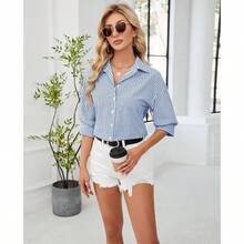 - Camisas de vestir con botones para mujer, manga 3/4, sin arrugas, casual, cuello de oficina, trabajo - M + Azul - Ver 8