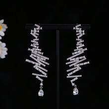 1 Pair Asymmetrical Cubic Zirconia Line & Tassel Decor Drop Earrings, Suitable For Women, Party/Casual Wear - Silver - View 4