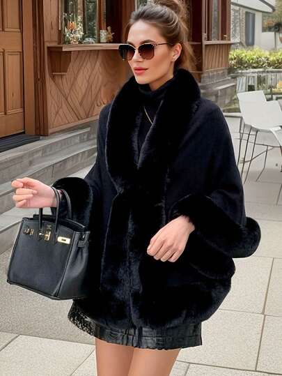 1pc Acrylic Faux Fur Trim Short Casual Elegant Poncho Shawl, Suitable For Party And Evening Dress, Autumn/Winter