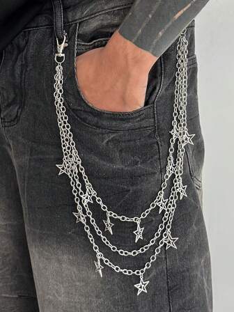 1pc Fashion Minimalist Punk Rock Inspired Multi-Layer Five-Pointed Star Decor Pants Chain Accessory, Versatile Daily Wear & Photo Prop, Suitable Gift For Men
