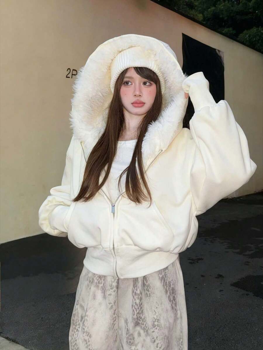 毛领保暖短款连帽加厚卫衣外套 - 白色 - 查看 1