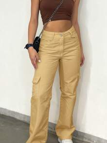 Women's Solid Color Casual Cargo Pants - Black Wide-Leg Multi-Pocket Comfortable Trousers For Spring, Summer And Autumn, Machine Washable, Slim Fit, Practical Style. - Màu Khaki - Xem 4