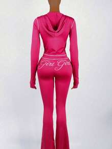Bộ đồ nữ FQLWL Y2K in họa tiết, kiểu dáng đường phố thường ngày, gồm áo hoodie tay dài có khóa kéo và quần dài, thích hợp cho mùa hè. - Hoa hồng đỏ - Xem 3