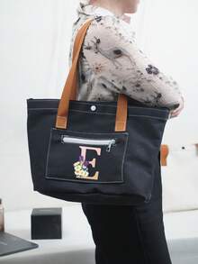 New Black Hooded Fashionable Shoulder Bag With English Letter & Floral Print, Versatile For School, Campus, Library, Commute, Shopping, Travel, Large Capacity Casual Tote Bag