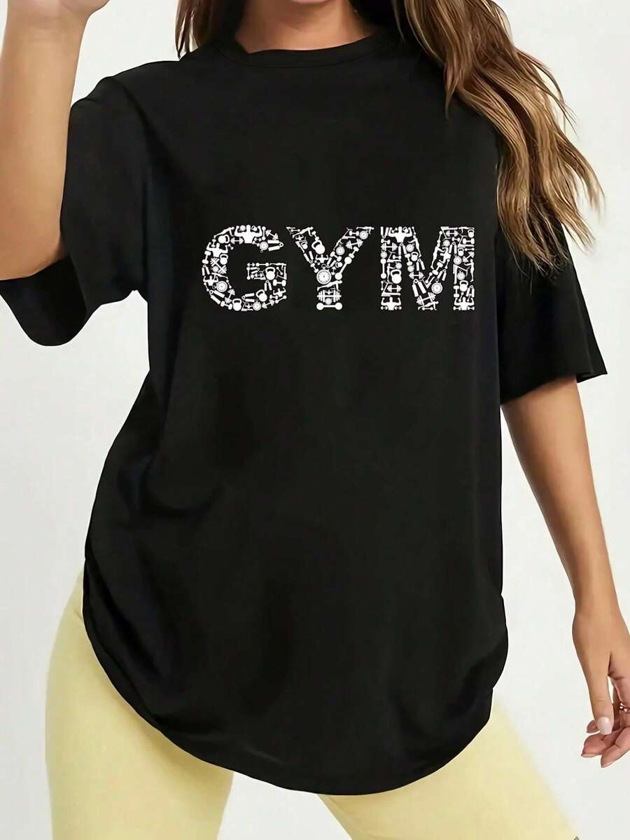 Women'S Casual Gym-Themed Graphic Tee - "GYM" Print, Short Sleeve, Round Neck, Lightweight, Spring/Summer T-Shirt, Casual Wear| Sporty Casualwear| Comfortable Fit - màu đen - Xem 1