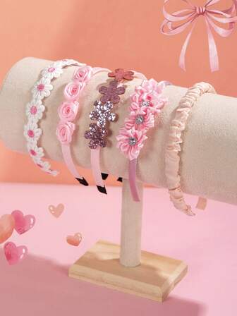5-Piece Stylish Cute Floral Sequin Headband Set - Rose, Daisy, Ruffle Decorations, Red, Adorable Kids' Hair Accessories, Multi-Color Hair Accessories, Suitable For Girls' Daily Wear And Parties