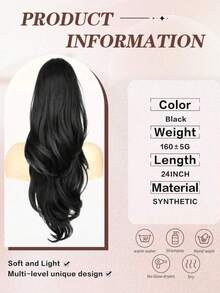 24 Inch Clip-In Wave Ponytail Extension - Synthetic Hair Ponytail Piece With Clip For Women, Long Wavy Ponytail Hair Extensions, Black/Brown Hair Accessories Casual Hair Clips Elegant Claw Clips Beauty Hair Claws - 彩色 - 查看 3