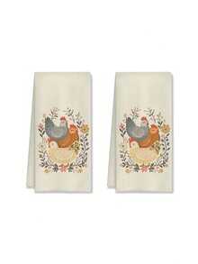 1/2/4pcs Extra Large Farmhouse Style Chicken And Rooster Kitchen Towels - Vintage Country Farm Decor Dish Cloths, Featuring Chicken And Floral Patterns, Soft Pastel Tones (Pink/Beige/Green/Brown/Gray/White) - Ideal Housewarming Gift For Chicken Lovers, Moms, Ladies - Machine Washable - 15.7 X 23.6 Inch Rectangular Towels With Charming Chicken And Rooster Designs, Suitable For Rustic Style Kitchens And Bathrooms - Beige - View 9