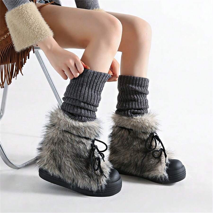 Women's Fall-Winter Fashionable Warm Snow Ankle Boots, Cold-Resistant Frost-Proof, Plush-Lined Chunky Sole, Boosts Cozy Stylish Vibe - màu đen - Xem 1