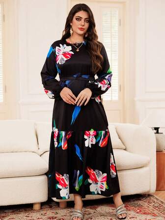 女士印花灯笼袖休闲阿拉伯风格连衣裙