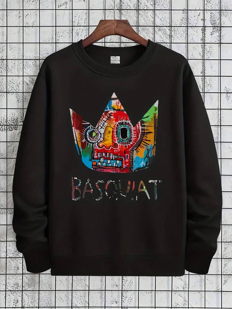 Men BASQUIAT Graphic Sweatshirt Abstract Crown Print Streetwear Pullover Soft Durable Long Sleeve Crewneck Sweater In Bold Basquiat Art Design For Casual Wear Everyday Comfort Iconic Artist Print - 黑色 - 查看 1