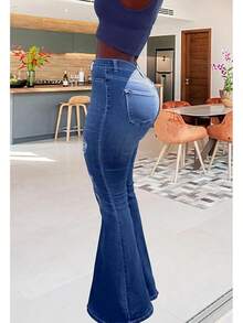 TodTan Women Ripped Flared Jeans High Waisted Bell Bottom Jeans Destroyed Denim Pants - 藍d - 查看 5