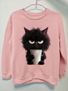 可爱黑猫印花粉色连帽衫，猫与水杯，优雅休闲风格，女性图案服装，春秋季女士和女孩运动时尚运动衫，日常穿着，常规款式，保暖衬里，动物印花，长袖圆领休闲上衣