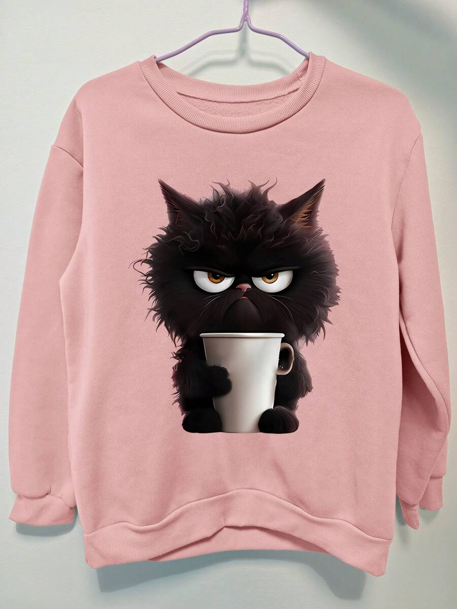可爱黑猫印花粉色连帽衫，猫与水杯，优雅休闲风格，女性图案服装，春秋季女士和女孩运动时尚运动衫，日常穿着，常规款式，保暖衬里，动物印花，长袖圆领休闲上衣