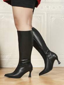 Women's Black Pointed Toe Thick Heel Over-The-Knee Boots, Autumn/Winter Warm Lining, Slimming, Thick Sole, Tall Shaft Riding Boots - Black - View 4