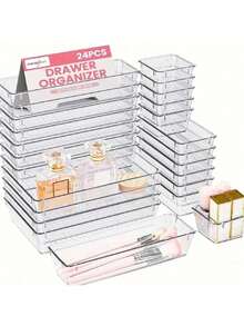 50 piezas/25 piezas/18 piezas/11 piezas/5 piezas/1 pieza Juego de bandejas/cajas de almacenamiento transparentes, bandejas de varios tamaños, de uso múltiple, adecuadas para almacenar cosméticos, herramientas pequeñas, vajilla en el tocador, la cocina, los cajones de la oficina, el dormitorio, se adapta a diversos escenarios