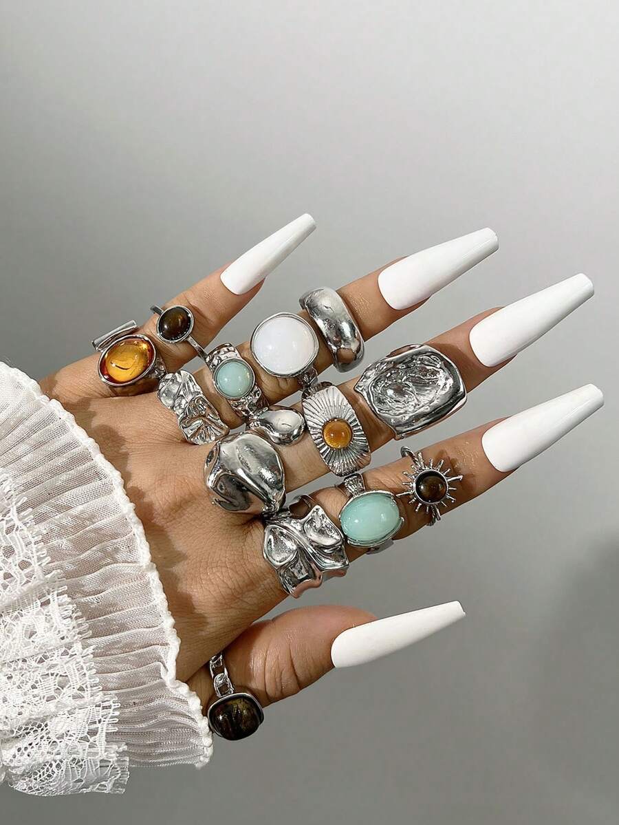 13件套时尚简约复古硬币戒指套装，搭配彩色仿宝石、仿虎眼石，不对称设计，适合女性佩戴，可用于度假、派对、婚礼、生日、节日、日常佩戴（不含包装盒）。