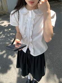 Korean Retro Black Floral Pleated Puffy Mid-Length Casual Versatile Skirt For Women Spring - Black - View 5