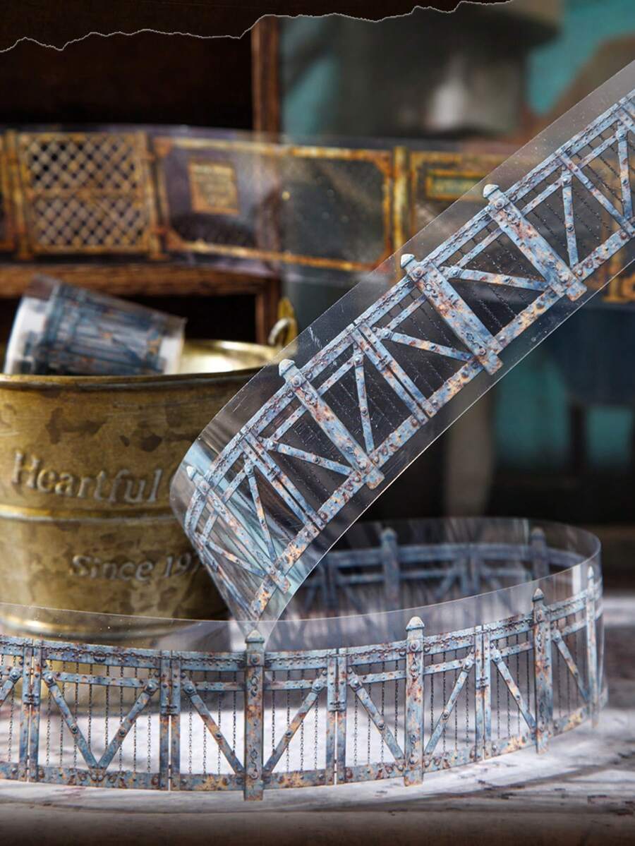 50mm*2M 复古锈迹斑斑的栅栏剪贴簿用品 PET 胶带，创意黄铜铁艺栅栏链条图案装饰贴纸，防水 DIY 胶带，学校文具用品